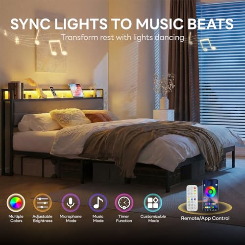Image of LIKIMIO King Size Bed Frame, Storage Headboard with LED Lights and Charging Station, Metal Platform Bed No Box Spring Needed, Noise Free, Under Bed Storage, Charcoal Gray