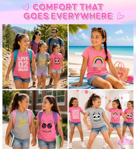 Image of MISS POPULAR Girls 5-Pack Printed T-Shirts, Pink Grey Short Sleeve, Crew Neck. Unicorn, Panda, Selfie, Rainbow. Size 4-16