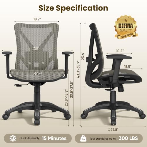 Image of Ergonomic Office Chair, Mesh Computer Desk Chairs with BIFMA X5.1 Certified, Adjustable Lumbar Support, 3D Arm, Tilt Back, Wide Seat, Comfy Swivel Work Task Chair for Company and Home (Apricot Mist)