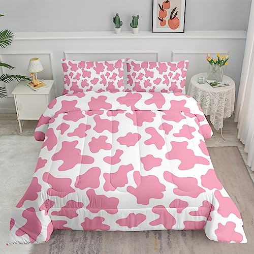 Axolotl Cow Print Comforter Set - Twin, Cartoon Milk Cow Bedding Set, Farmhouse Style, Kids Boys Girls Teens, 1 Quilt 2 Pillowcases, Pink White
