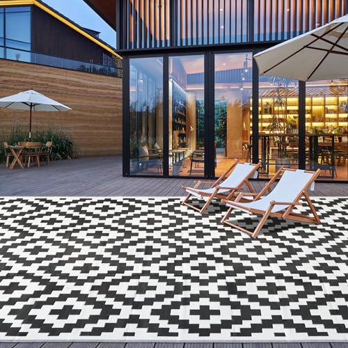 SAND MINE Waterproof Outdoor Rug 9x18 ft, Plastic Straw Rug, Modern Area Rug, Large Floor Mat, RV, Patio, Backyard, Deck, Picnic, Beach, Trailer, Camping (9' x 18', Black & White Lattice)