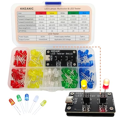 KKEANIC 130 PCS 5mm LED Diode Light, 1 PCS LED Tester, 5 Colors (Colored Scattering Lens) Emitting Lighting Bulb Lamp Assorted Kit Variety Color White Red Green Blue Yellow