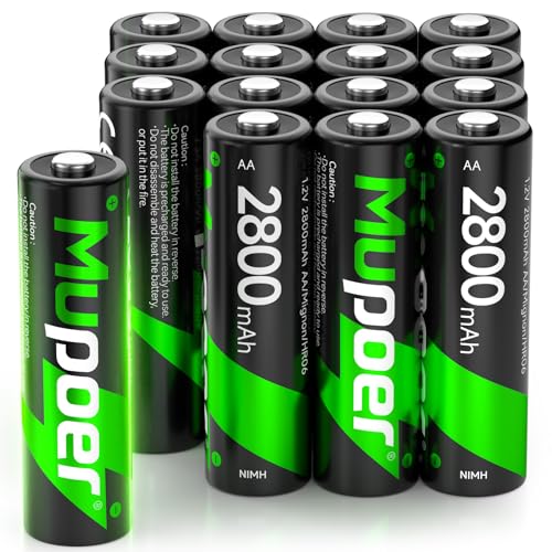 Image of Mupoer Rechargeable AA Batteries 16 Pack, Ni-MH 2800mAh Rechargeable 2A Battery, Pre-Charged Double A Batteries with Protection Box