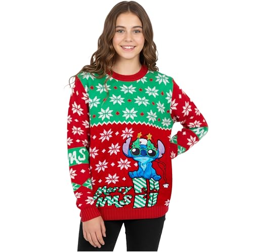 Disney Stitch Girls Knitted Sweater Cozy and Fun Xmas Sweater - Gifts for Girls (Red 11/12 Years)