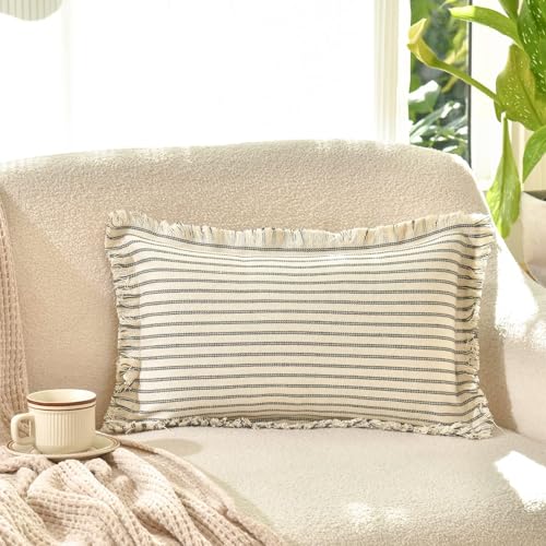 Image of ZWJD Throw Pillow Covers 12x20 Set of 2 Striped Pillow Covers with Fringe Chic Cotton Decorative Pillows Square Cushion Covers for Sofa Couch Bed Living Room Farmhouse Decor, (Gray)
