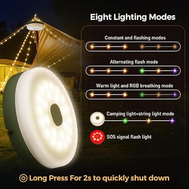 Camping String Lights, 2 in 1 Quick Storage 32.8FT Rechargeable Tent Lights String with 8 Modes, Hanging Waterproof Portable LED Lamp for Outdoor Patio Awning Garden Party Essentials