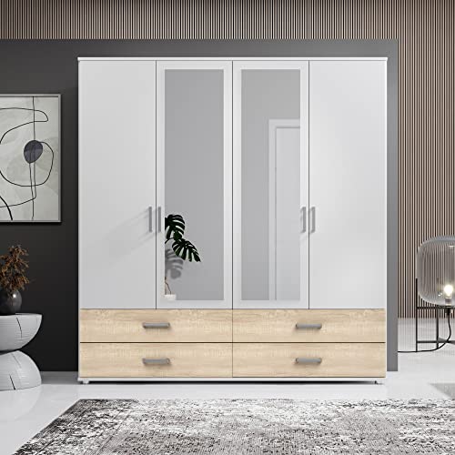 IVAR Kleiderschrank mit Spiegeln und Schubladen - Vielseitiger Drehtürenschrank 4-türig in Weiß, Eiche Sonoma Optik - 180 x 190 x 51 cm (B/H/T)