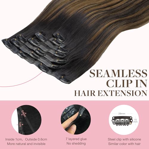 Image of GOO GOO Clip in Hair Extensions Real Human Hair, Remy Human Hair Extensions Clip ins for Women, Natural Human Hair, 20inch 110g 7Pcs, 1B /6 /1B Balayage Natural Black to Chestnut Brown