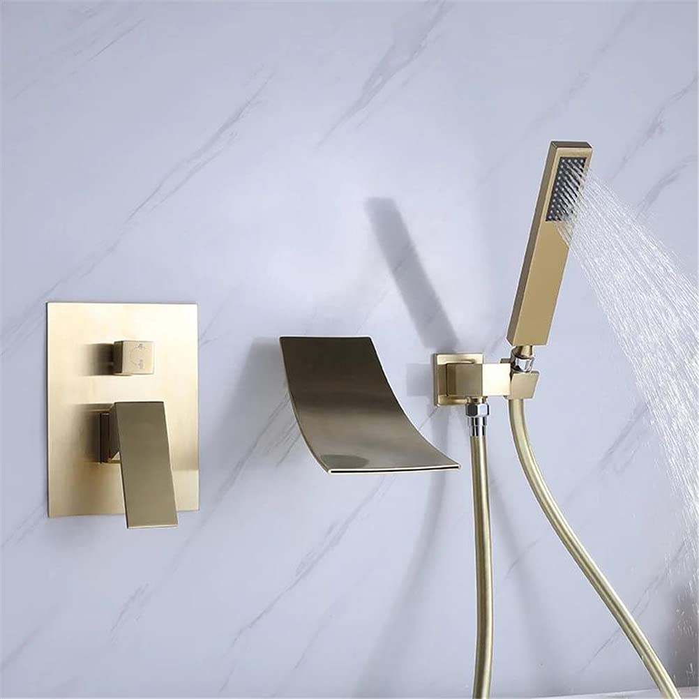 grifo de ducha, Juego de ducha monomando con caño cascada y manguera PVC(Brushed Gold)