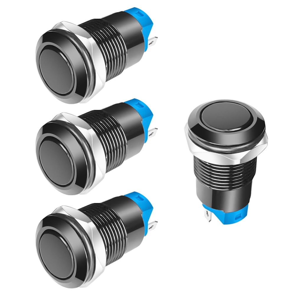 Gebildet 4pcs Black 12mm 3A 12V/24V/125V/250VAC Waterproof Push Button Switch Interlock Nickel Plated Copper Push Button Switch On/Off(Flat Head)