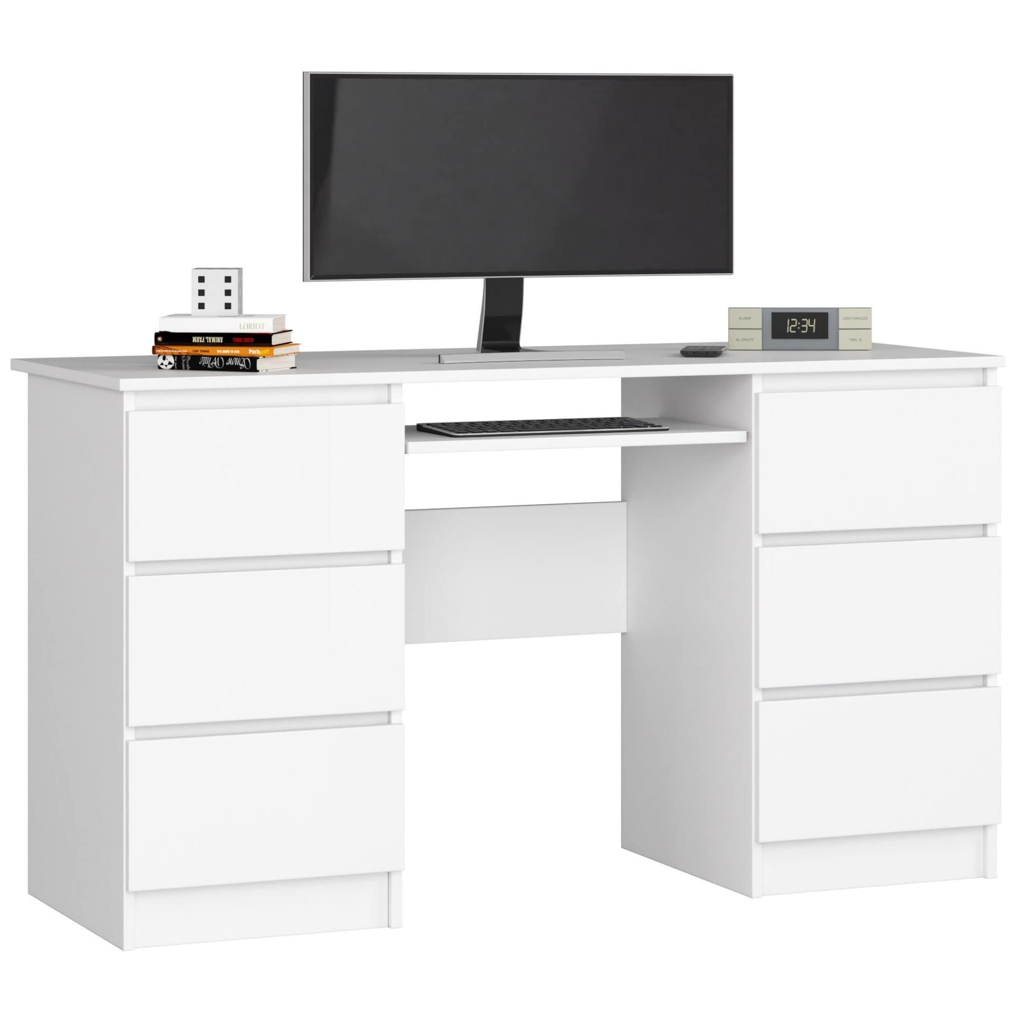 Schreibtisch Klein mit Schubladen | Office Desk | Computertisch | Bürotisch mit Tastaturablage | Holz Deko | B135 x H77 x T50 cm, 60 kg
