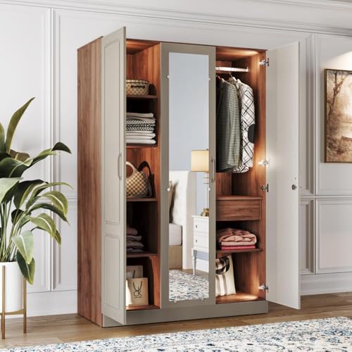 Image of Wakefit Wardrobe for Bedroom | 3 Yr Warranty | Cupboard for Bedroom, Almirah, Wooden Wardrobe, Comes with LED light, Storage Drawer, Mirror & Hanger, Density:680-750kg /m, Free Installation(Tyrian-CB)