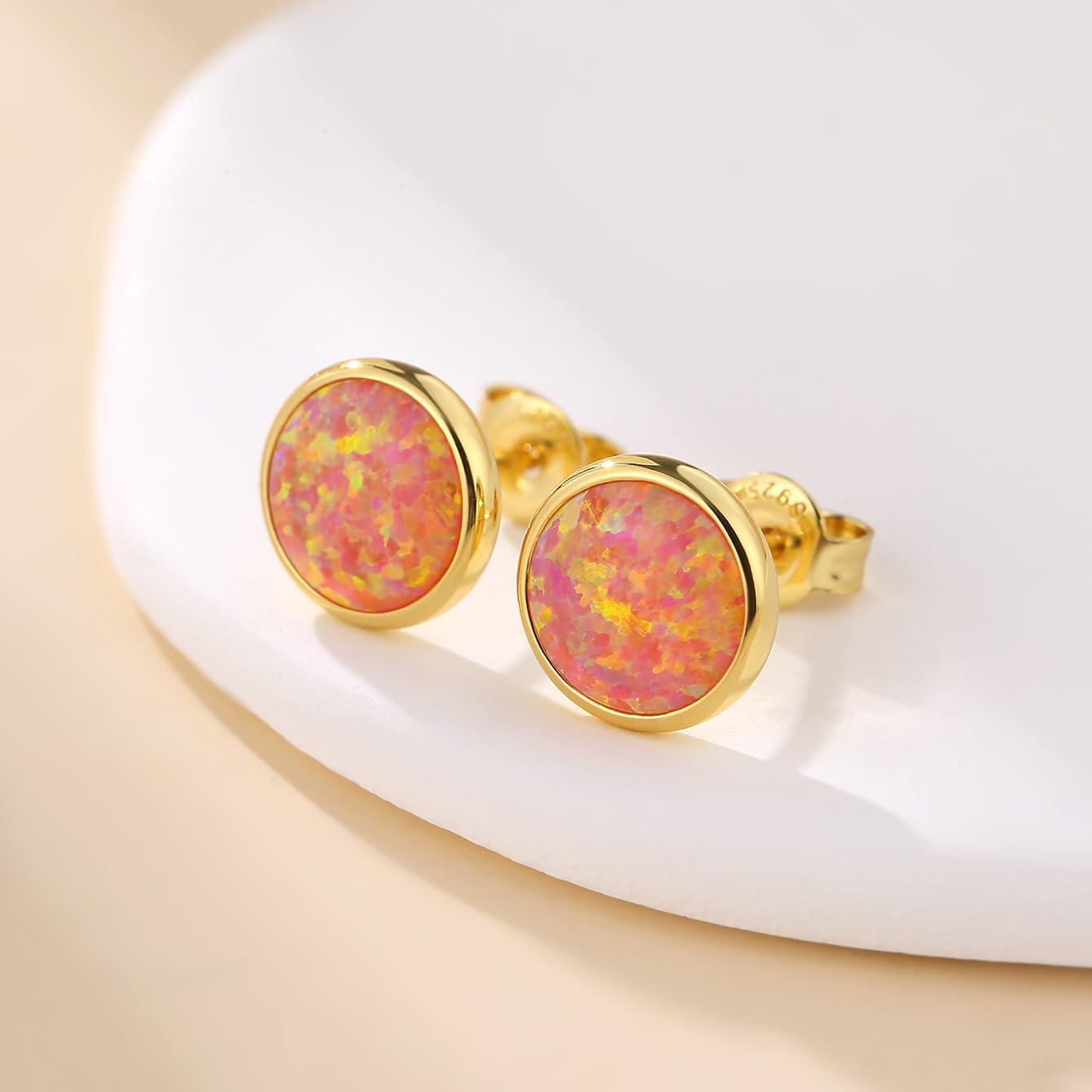 Jiamiaoi 18K White Gold Plated Opal Earrings, Multi Colors Opal Stud Earrings For Women Men, 6mm-8mm Options, 925 Sterling Silver Hypoallergenic Earring