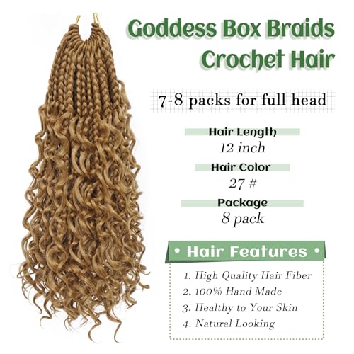 Goddess Box Braids Crochet Hair 12 Inch 8 Packs Pre-looped Bohemian Crochet Boho Box Braids With Curly Ends 3X Crochet Braids Hair for Women Synthetic Braiding hair(12 inch, #27)