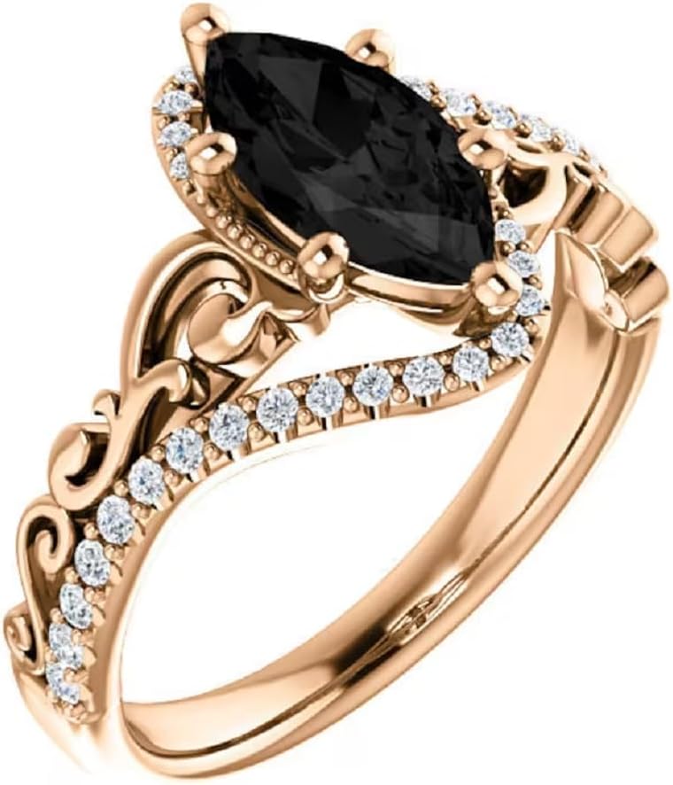 Love Band Sculptural Black Onyx Marquise Engagement Ring - 14k Rose Gold, Art Deco Style, Awesome Ring For Her