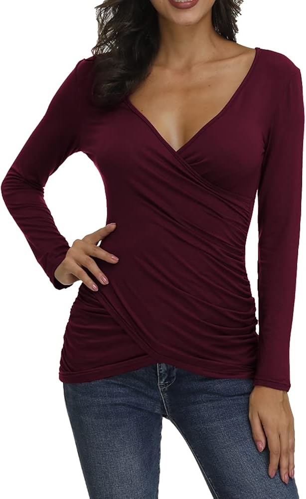 ALLEGRACE Women Open V Front Wrap Pleated Slim Top Tee Long Sleeve Ruched T Shirt