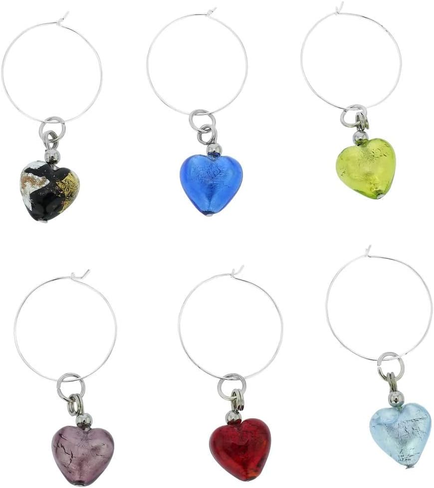 GlassOfVenice Murano Glass Heart Wine Glass Charms Set of 6