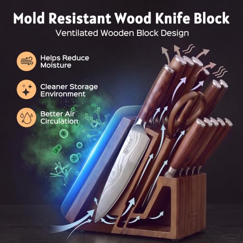 Image of PAUDIN 16-Piece Kitchen Knife Set with Block, Built-in Sharpener, Ultra Sharp 5Cr15Mov Stainless Steel Chef Knives, Natural Wood Handles, Steak Knives, Scissors & Honing Rod, Complete Cutlery Set