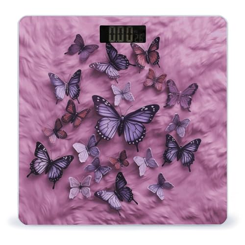 Báscula digital para baño con fondo púrpura y mariposas