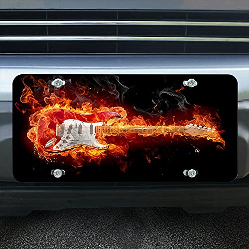 Lefolen Front License Plate Covers Fire Rock Guitar,Magic Red Flames Burning Music Equipment Jazz Melody Auto Car Tag Vanity Plates Aluminum Novelty Metal Plate For Men Woman 6" X 12" #TOP3