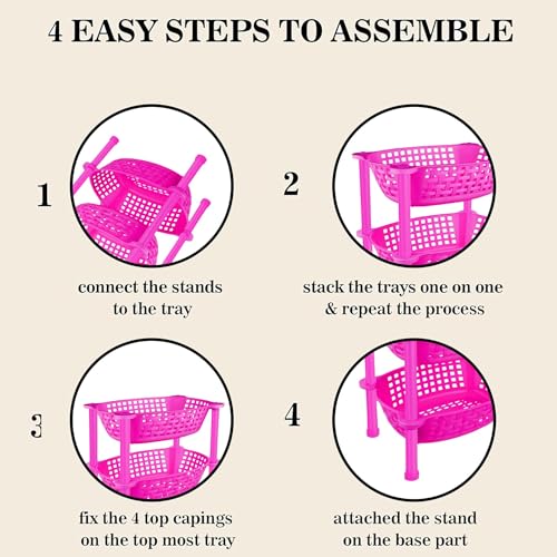 Image of Sulfar Multipurpose Plastic Trolley with Dish Rack for Kitchen Vegetable Storage Basket Modern Organizer - 3 Layer Stackable Shelf Cart Food, Snacks, Bottles, Toys, Tiered Shelf (Pink)