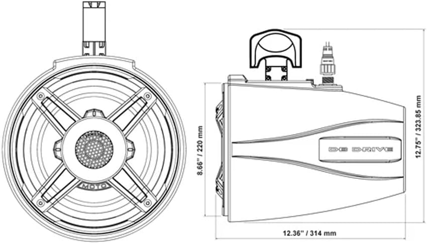 Dimensional drawing of the Db Drive APT8MOTO-G3 marine tower speaker, showing front and side views with measurements in inches and millimeters.