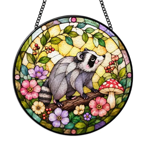 QZQE Raccoon Gifts Suncatchers Stained Glass Window 7.9x7.9in