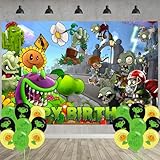 Plants Game Birthday Party Decoration,Players PVZ Party Photo Background 5 x 3 FT and 18 Pcs Balloon,Plants Merch Party Backdrop Supplies