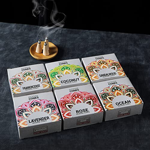 Kkoeop Incense Cones- Mix 6 Scents (96 Cones Total), 16 Cones Each Of Rose, Sandalwood, Ocean, Lavender, Frankincense,Coconut Gift Sets White Cone0 Cone01 #TOP3