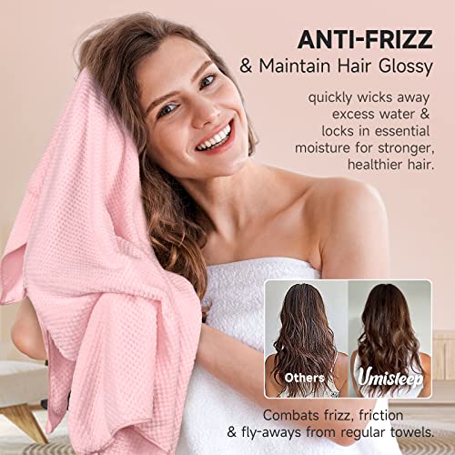 Umisleep Extra Large Microfiber Hair Towel for Women Long, Curly, Thick Hair, Super Soft Anti Frizz Quick Dry Hair Towel Wrap, Ultra Absorbent Hair Turban with Elastic Band Pink