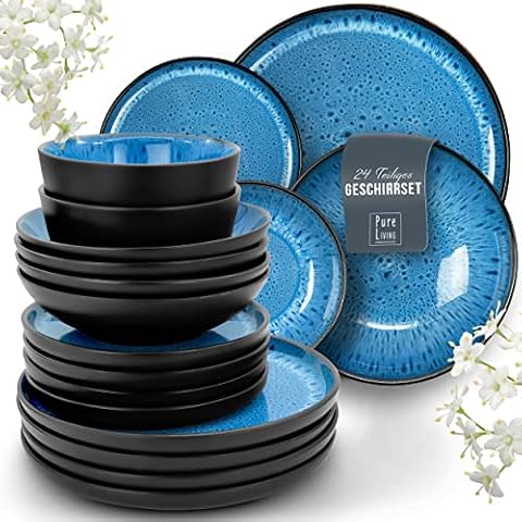 Steingut Geschirrset 6 Personen Ibiza 24-tlg. - Mediterranes Geschirr Set, Spülmaschinen-, Mikrowellen- und Kratzfest - Schüssel- und Teller Set - Essgeschirr Pure Living Schwarz in Tiefblau Cover