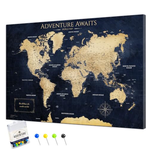 Image of IPIC Vintage Teal World Travel Map with Pins, World Map Pin Board, 42x28 in