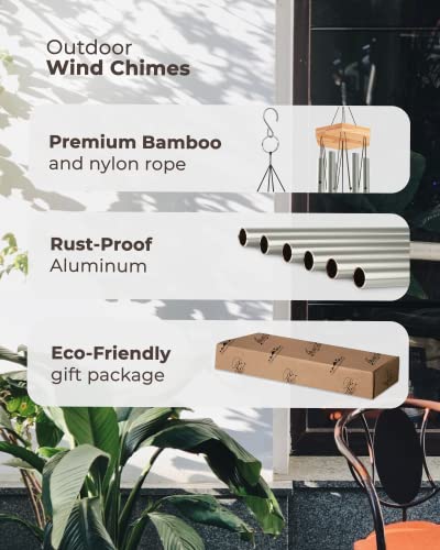 Upblend Outdoors Premium Wind Chimes - Silver Wind Chimes Outdoor, Windchime, Soothing Wind Chimes For Outside, Windchimes Outdoors Deep Tones, Gift For Elderly Woman, Mother's Day, 29", Silver #TOP5