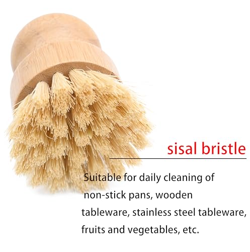 Image of Bamboo Dish Brush, Kitchen Dish Brush Set for Cleaning Dishes, Sinks, Cast Iron Pots /Woks and Vegetables, Sisal Bristles and Bamboo Grip - 1 Piece + Hook Set(Plam Brush Hook)