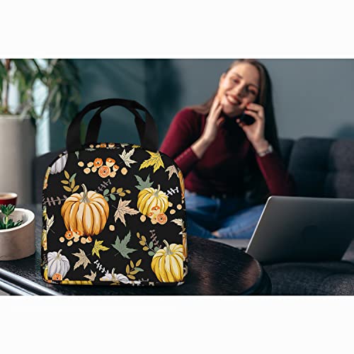 Zoczos Autumn Harvest Pumpkins Womens Lunch Box Retro Style Fall Flowers Peony Rose Maple Leaf Big Lunch Bag For Office Work Picnic And Outdoor #TOP4