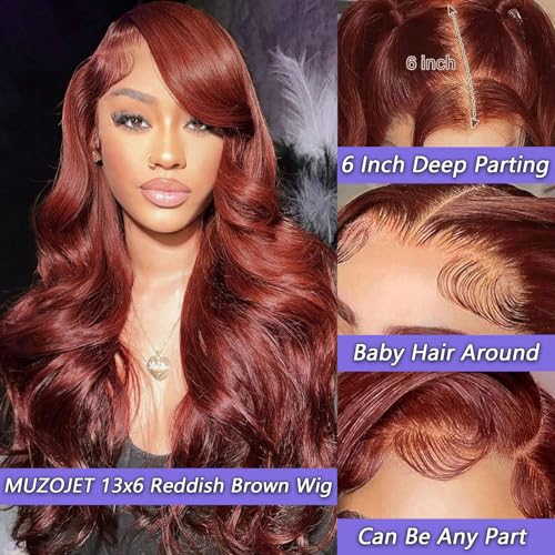 Image of MUZOJET Reddish Brown 13x6 Lace Front Wigs Human Hair #33 Colored HD Transparent Lace Front Wig Human Hair Pre Plucked with Baby Hair for Black Women Red Wig 180% Density 30 Inch