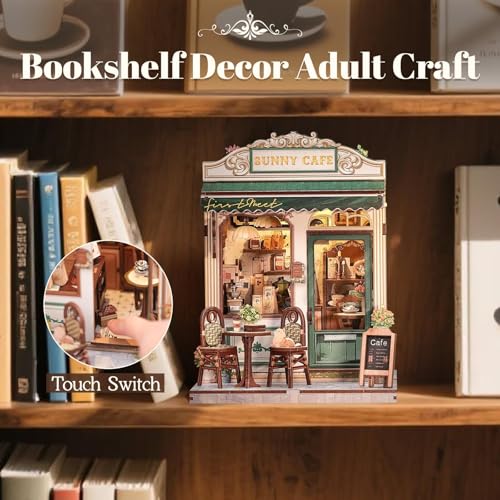 Image of Sunny Cafe Book Nook Kit with LED Light, DIY Miniature Cafe House Bookshelf Decor, 3D Wooden Puzzle Dollhouse for Adults, Teens & Beginners, Cozy Coffee Shop Gift (233 Parts)