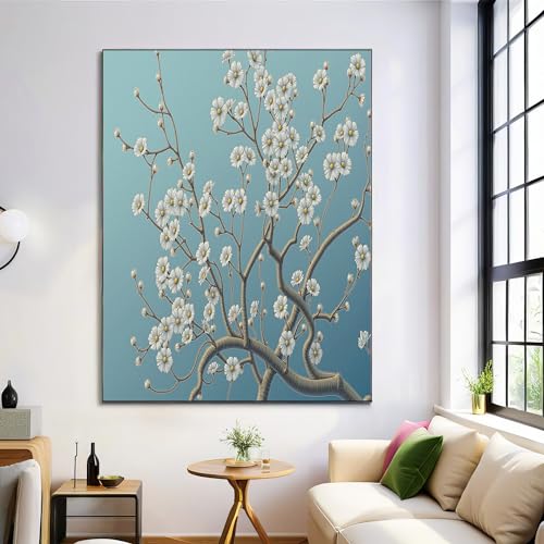 Imprimé fleurs d'abricot blanches affiche en toile de qualité premium bleu clair 80x120 cm
