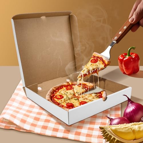 Seuqhck Pizza-Boxen mit Papiereinsatz, 25,4 x 25,4 x 3,8 cm, weißer Karton, Mini-Pizza-Box, gewellt, zum Herausnehmen von Lebensmittelbehältern für Party, Kekse, Kuchen, Hochzeit, Restaurant, 40 Stück