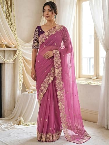 Image of SIRIL Women's Shimmer Georgette Scalloped Border Sequins Embroidery Saree with Unstitched Blouse Piece