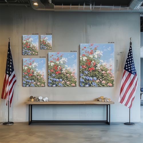 Image of Memorial Day Canvas Wall Art, Red White Blue Flower Pictures Print, Summer Wildflower Bloom Under Blue Sky Poster, Patriotic Memorial Day Floral Framed Art for Farmhouse or Porch Decor 20x24inch