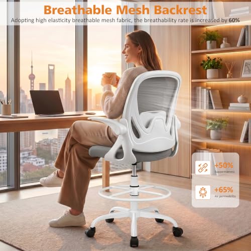 Image of Drafting Chair Tall Office Chair with Flip-up Armrests, Adjustable Height, and Enhanced Lumbar Support - Ergonomic Rolling Stool, Back Support, and Adjustable Foot Rest Ring for Standing Desk Gray