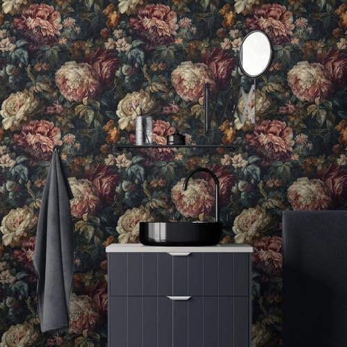 WalRiddle Dark Black Pink White Plum Floral Peony Flowers Peel and Stick Wallpaper Easy Peel Off Contact Paper Stick on Adhesive Wall Paper for Bathroom Waterproof Renter Friendly by WalRiddle - Used condition - Image 3