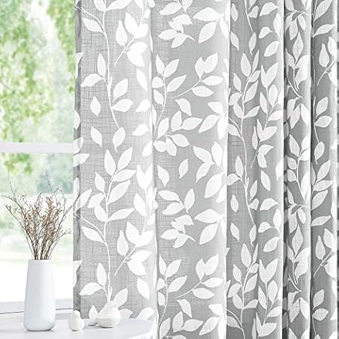 Treatmentex Grey and White Curtains for Bedroom 63" Length Leaf Print Curtains for Windows Semi-Sheers, Grommet Top, 2 Pack Cover