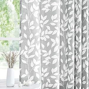 Treatmentex Grey and White Curtains for Bedroom 63″ Length Leaf Print Curtains for Windows Semi-Sheers, Grommet Top, 2 Pack