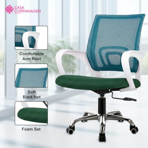 Image of Casa Copenhagen Mesh Mid Back Office /Study /Computer /Revolving /Desk Chair for Work from Home -Metal Base, Height Adjustable Seat- Green & White Handle