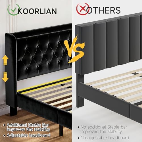 Image of koorlian Queen Bed Frame with Headboard, Adjustable Upholstered Platform Bed Frame with Type-C&USB Ports, Wingback Storage Headboard, Solid Wood Slats Support, No Box Spring Needed, Luxe Black