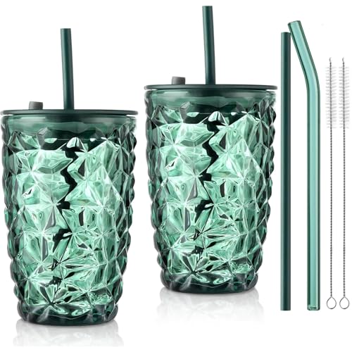Joeyan 430ml Glass Tumbler with Straw and Lid Set of 2, Green Crystal Ribbed Glass Cup Drinking Glasses for Iced Coffee Smoothie Juice Beverages, Portable Drinking Jar, Dishwasher Safe