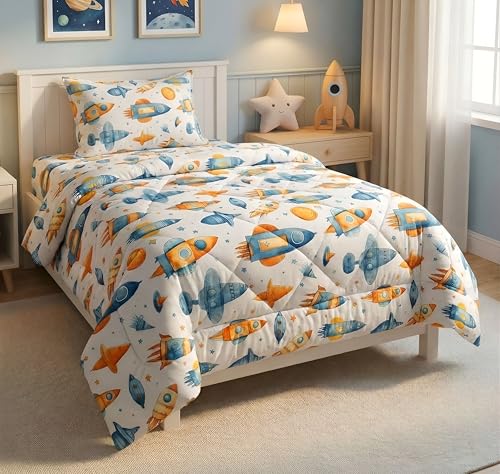 Image of VAS COLLECTIONS Single Bed Comforter Set 220 GSM Microfiber | Ultra Soft AC Comforter with Flat Bedsheet (60x90 Inches) & 1 Pillow Cover | 3 Pc Bedding Set (Rocket Print) | 3 Pc Bedding Set