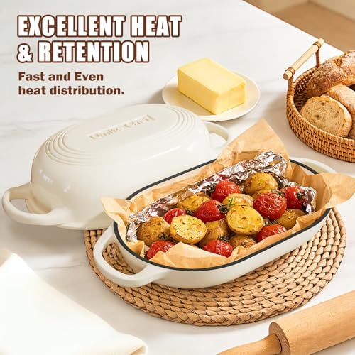 Enameled Cast Iron Dutch Oven for Bread Baking - incl. Sourdough Bread-Baking Supplies like Banneton Bread-Proofing Basket - 5QT Loaf Cast Iron Bread Oven Pan& Meatloaf Pan with Lid, Sour Sough Tools, Lame (Cream White） - Thumbnail 4